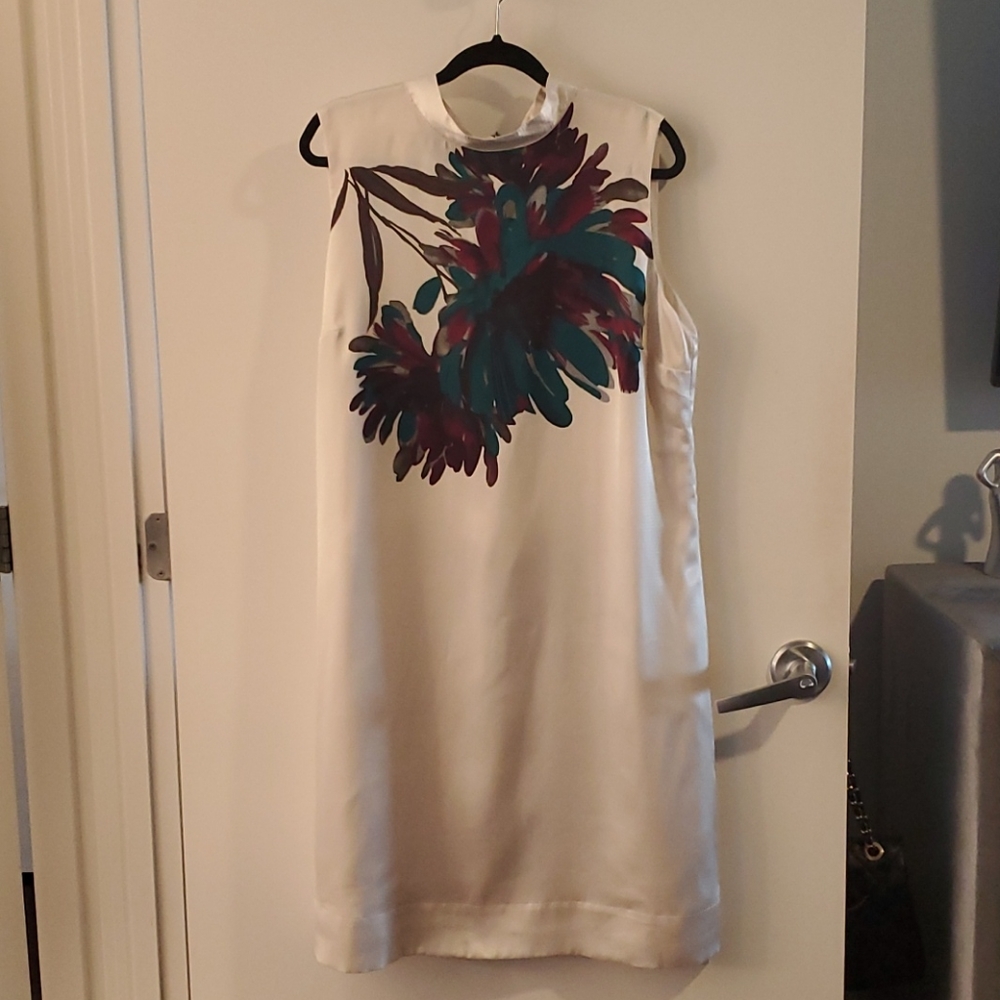 Ivory Floral Print Sleeveless Mock Neck Dress